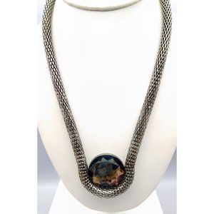 Vintage Mesh Rope Necklace, Silver Tone with Grey Cradled Crystal